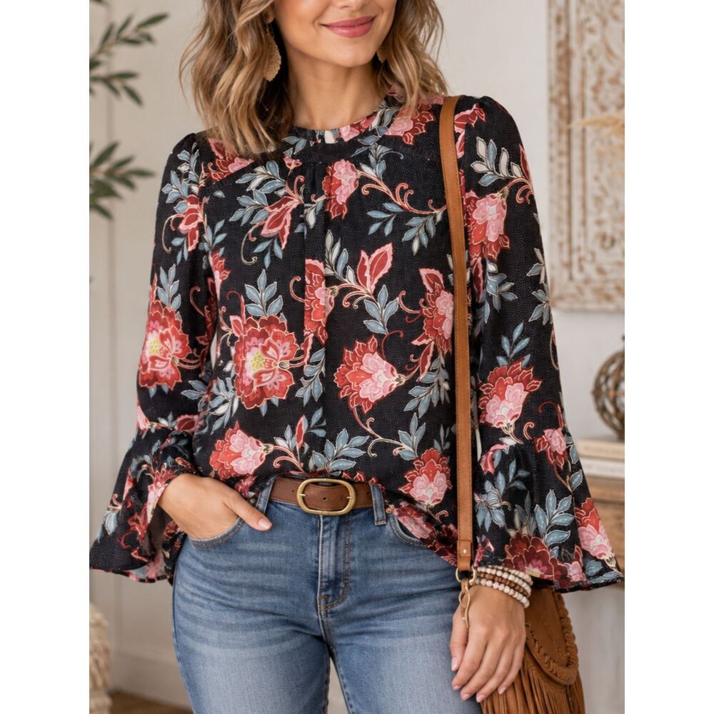 LOFT Small Floral Blouse Black Red Pink Bell Sleeve Boho Career Top
